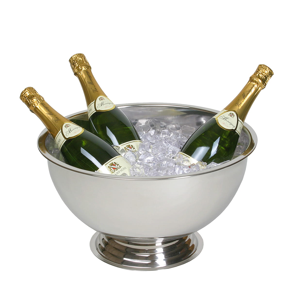 Große Champagnerschale aus Edelstahl mit Sockel für mehrere Flaschen und Eis