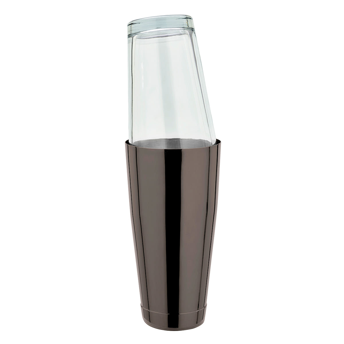 Schwarzer Boston Shaker mit aufgesetztem Mixingglas