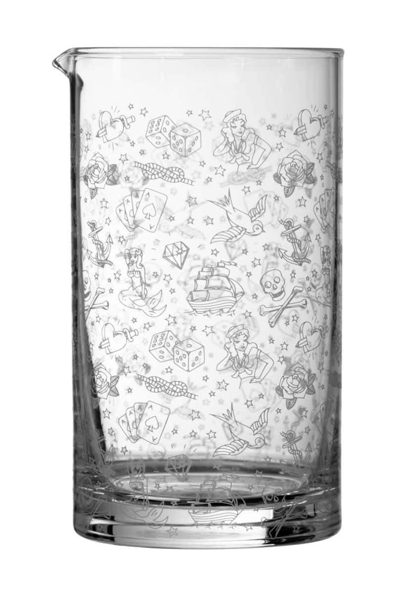 Cocktail Mixingglas mit Tiki Motiven verziert