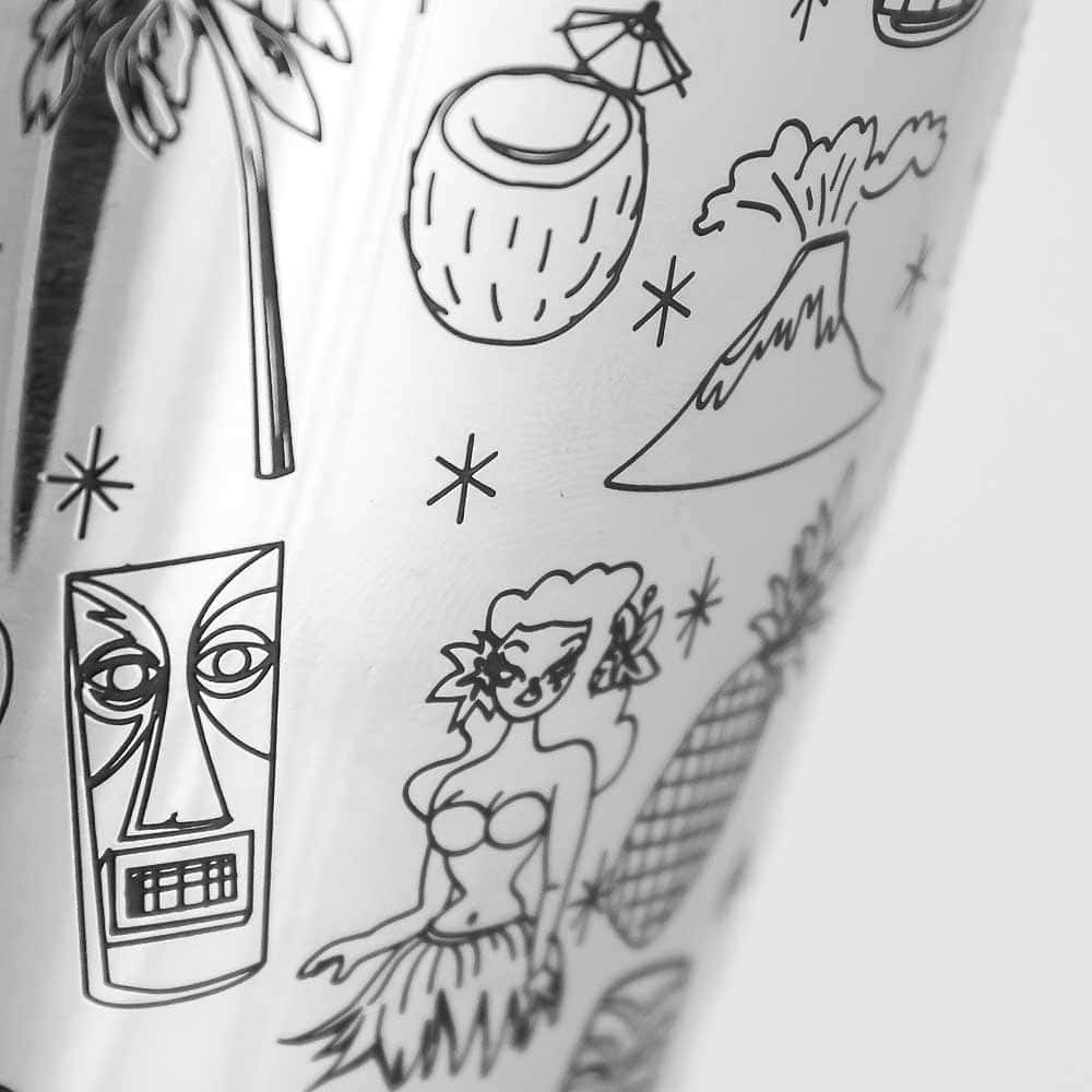 Speedshaker Tiki | Verziert - 630 ml Kokosnuss und Palmen Verzierung auf Tin in Tin Cocktailshaker