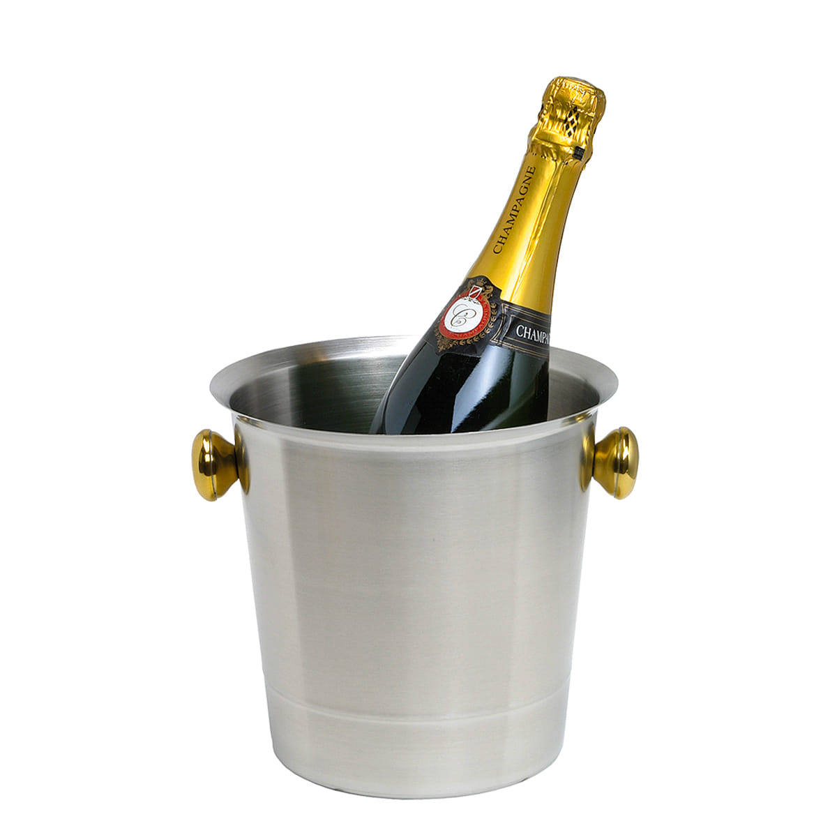 Silberner Champagnerkübel mit goldenen Griffen und einer Champagnerflasche im Kübel