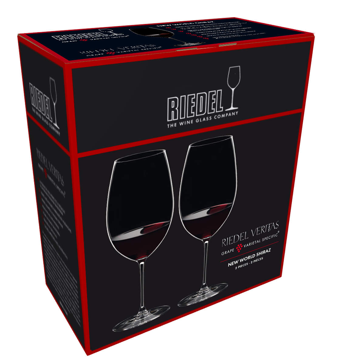 Karton der Riedel Glas Veritas Rotweingläser Neue Welt Shiraz