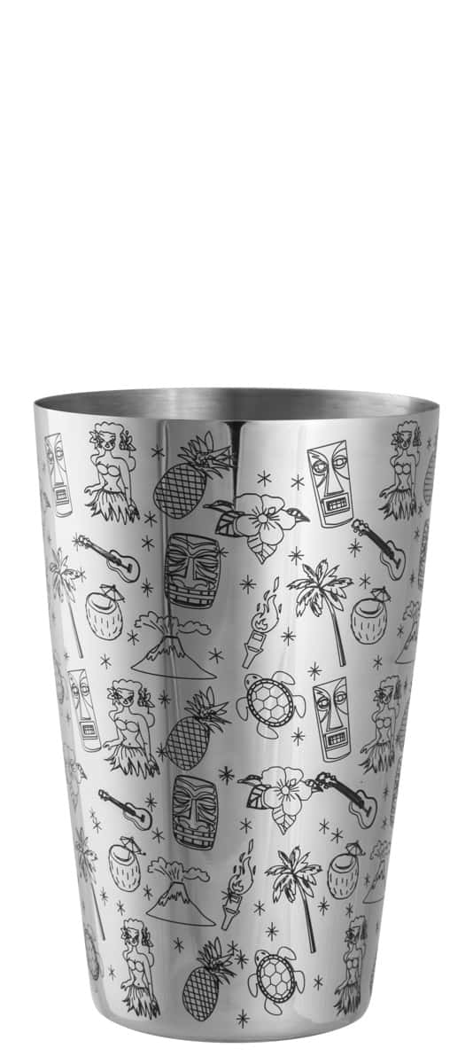 Speedshaker Tiki | Verziert - 630 ml Speedshaker für Cocktails in Silber mit Tiki Motiven verziert