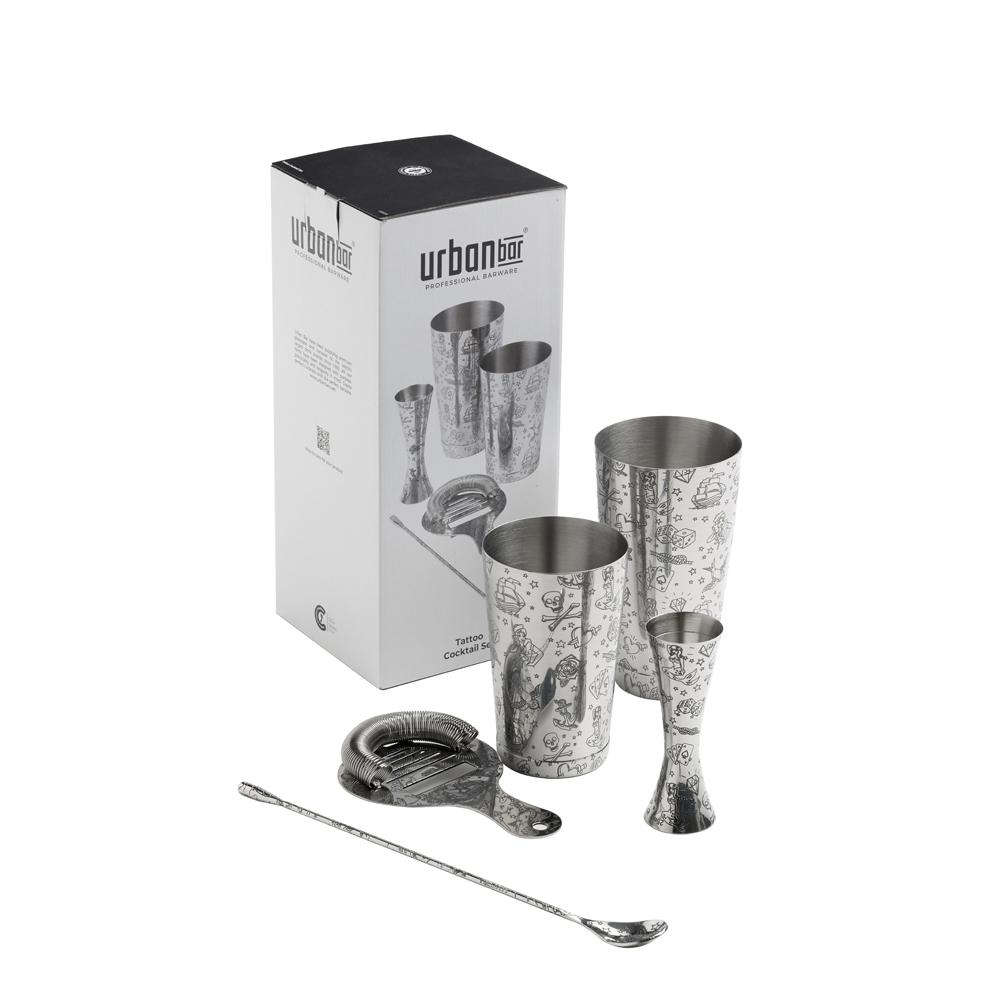 5-teiliges Cocktailshakerset in Geschenkbox mit Tattoo-Verzierungen