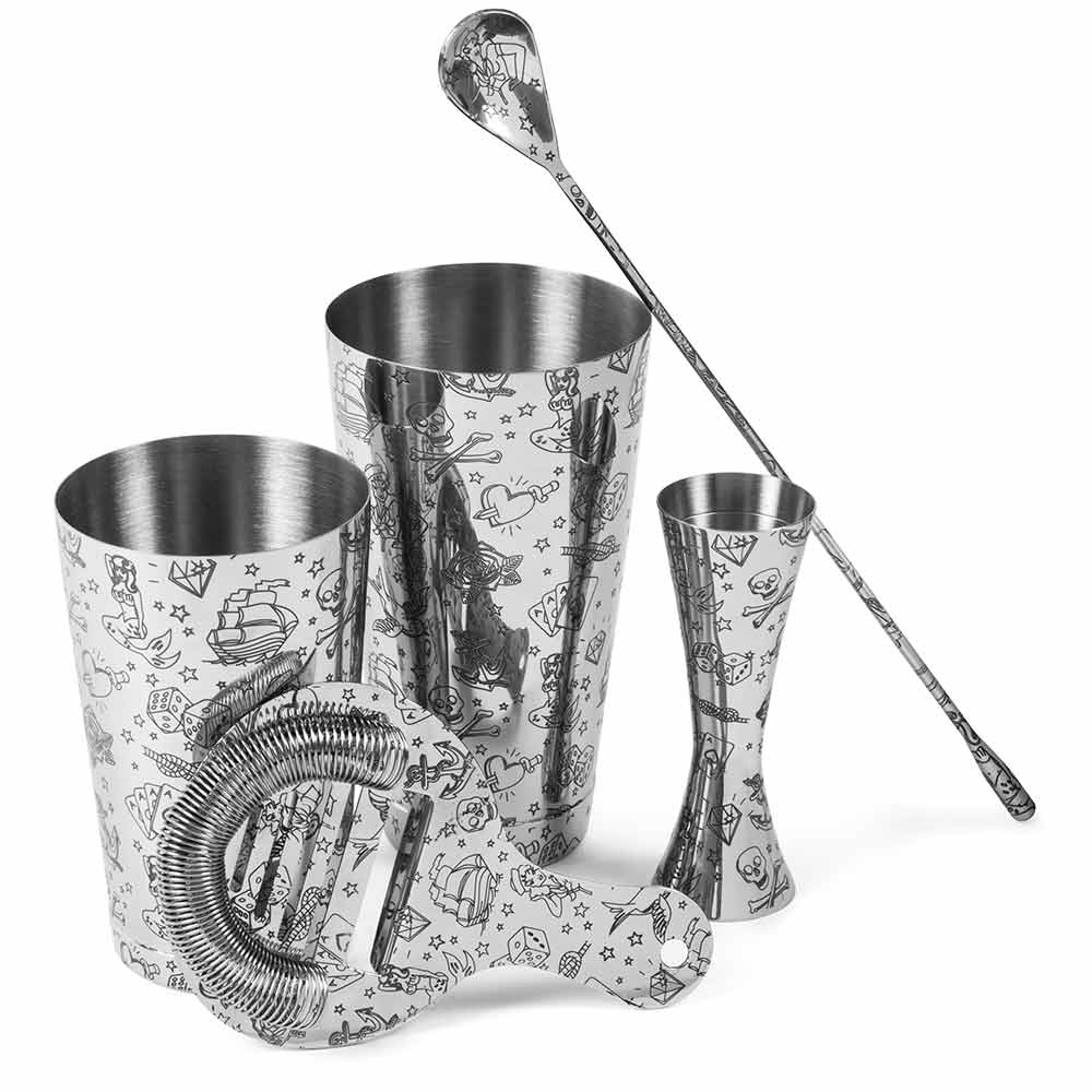 Cocktailshaker Set von Urban Bar mit Tattoo-Verzierungen