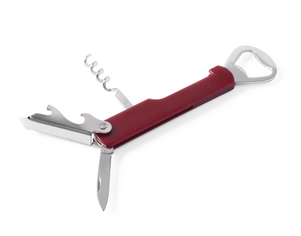 Rotes Kellnermesser mit ausgeklappter Spindel, Messer und Hebelarm