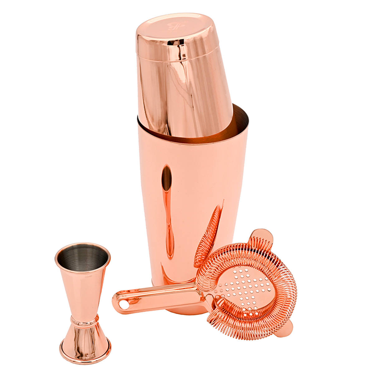 Kupferfarbenes Tin-in-tin-Cocktailset mit Shaker, Messbecher und Barsieb