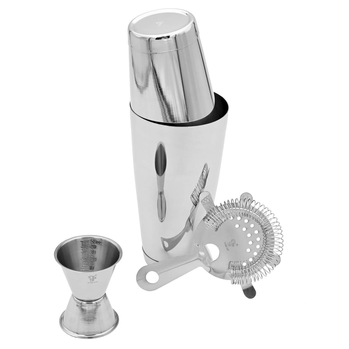 Silberfarbenes Tin-in-tin-Cocktailset mit Shaker, Messbecher und Barsieb