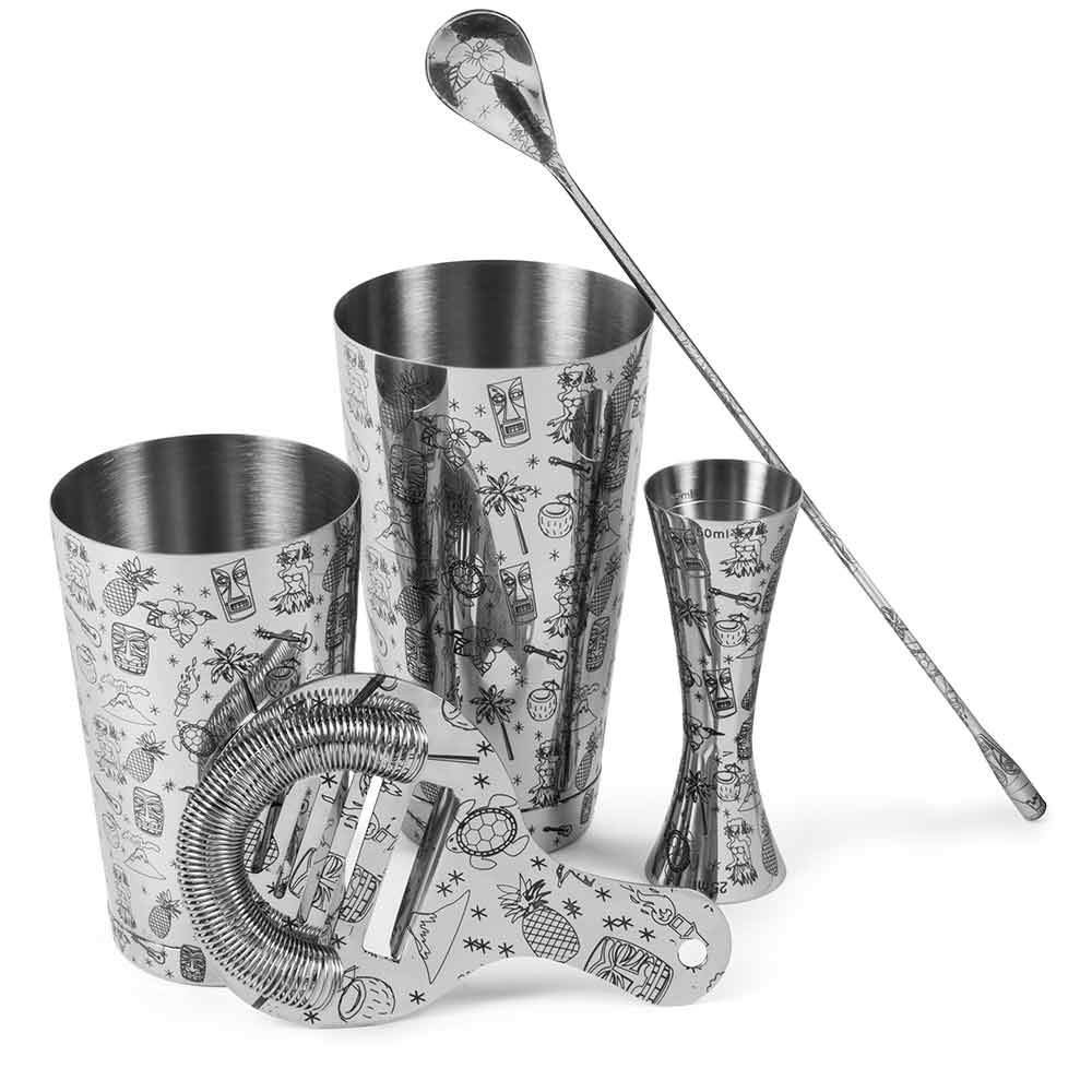 Cocktailshaker Set von Urban Bar mit Tiki-Verzierungen