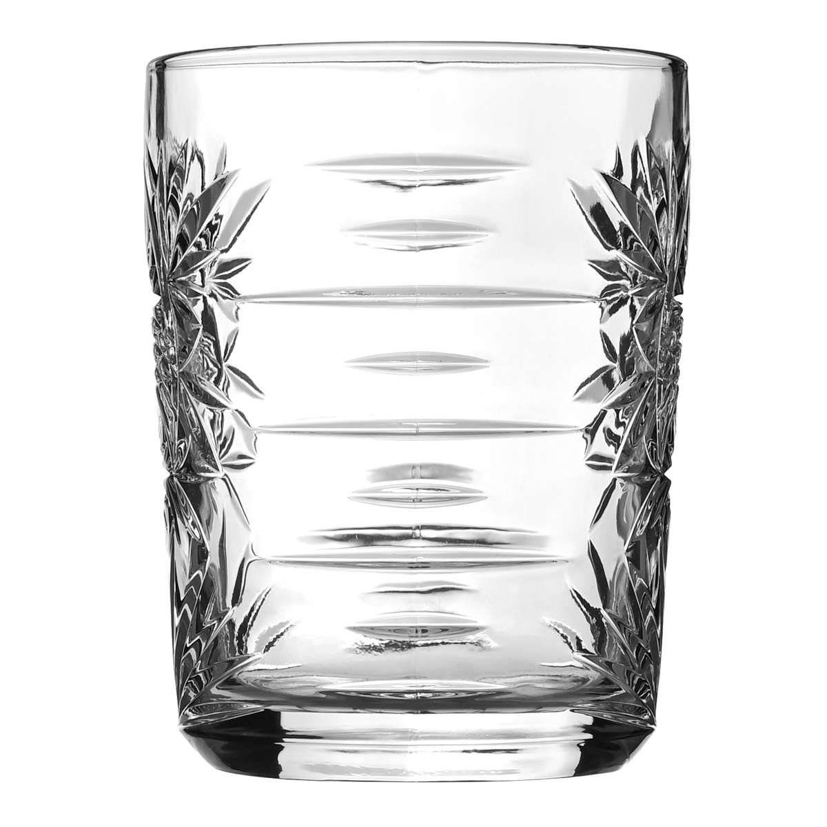 Double Old Fashioned Glas mit Seiten-Verzierungen im Tiki-Style
