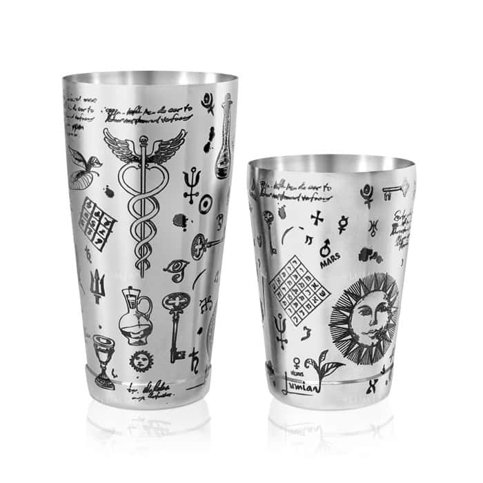 Tin Cocktailshaker Alchemy mit Tattoo-Verzierungen