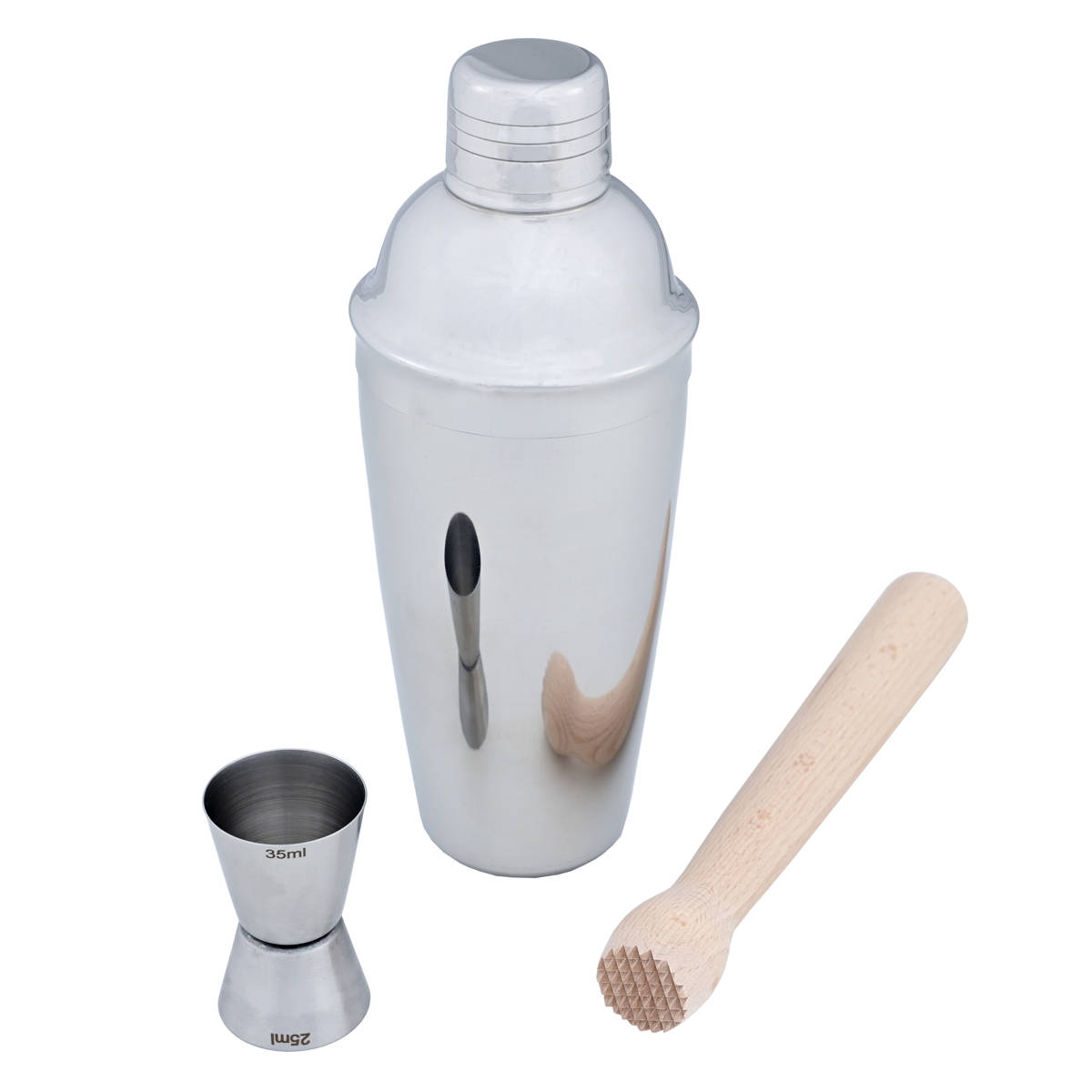 Silberfarbenes Cobbler-Cocktailset mit Shaker, Messbecher und Stößel