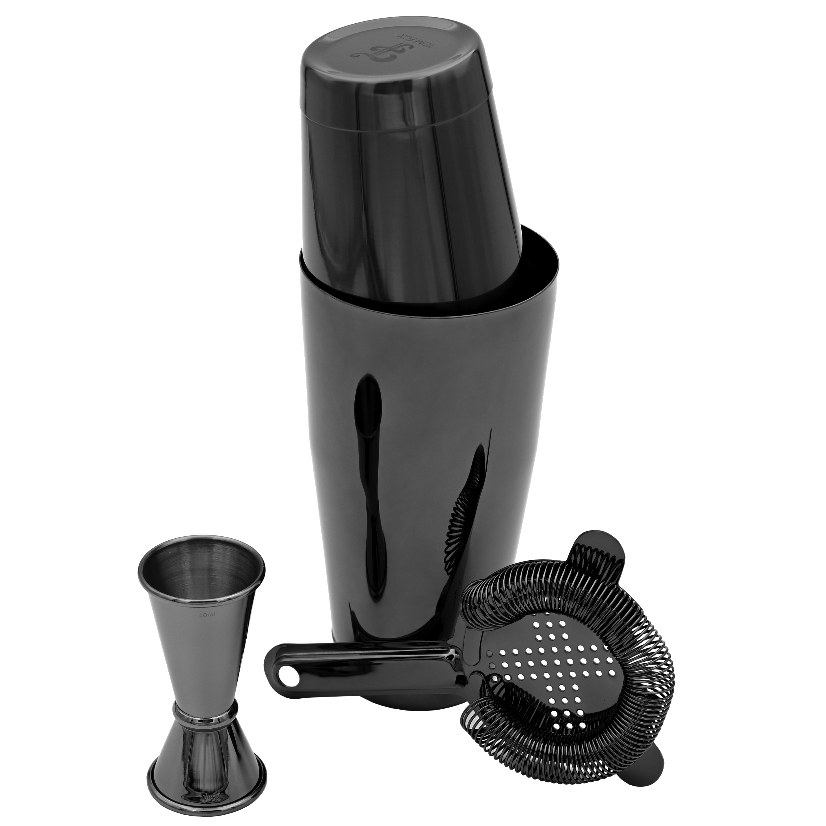 Schwarzes Tin-in-tin-Cocktailshakerset mit Shaker, Messbecher und Barsieb
