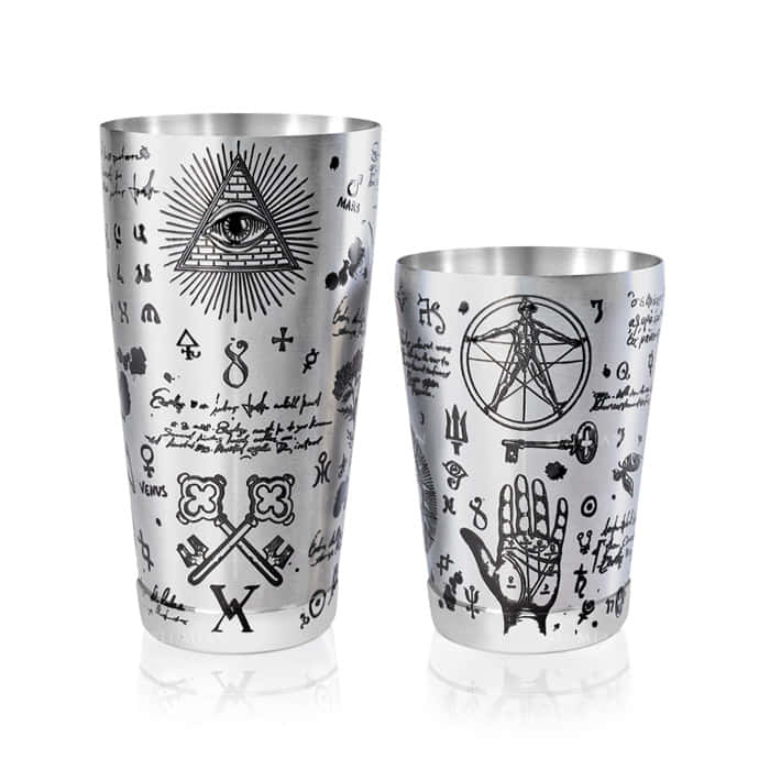 Tin Cocktailshaker Alchemy mit Tattoo-Verzierungen