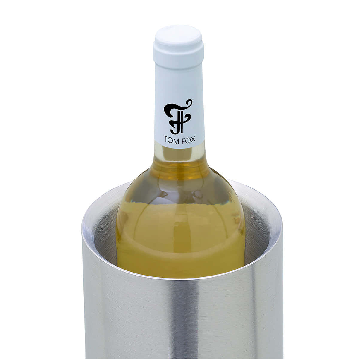 Detailansicht - doppelwandiger Flaschenkühler aus Edelstahl mit Weißweinflasche