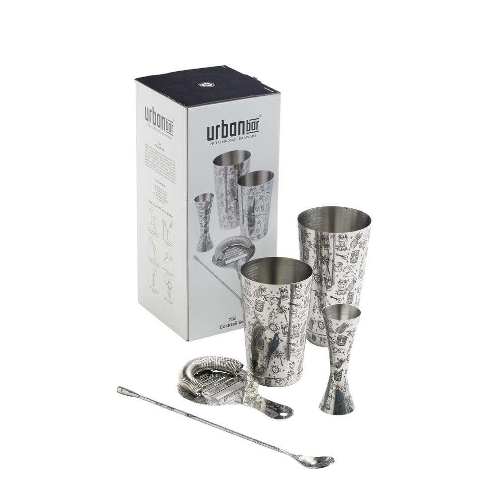 5-teiliges Cocktailshakerset in Geschenkbox mit Tiki-Verzierungen